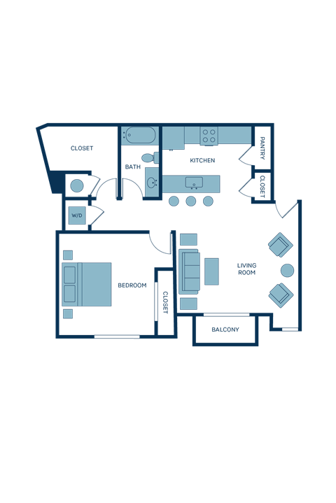 Floor plan for 1 bed, 1 bath, 851 sqft